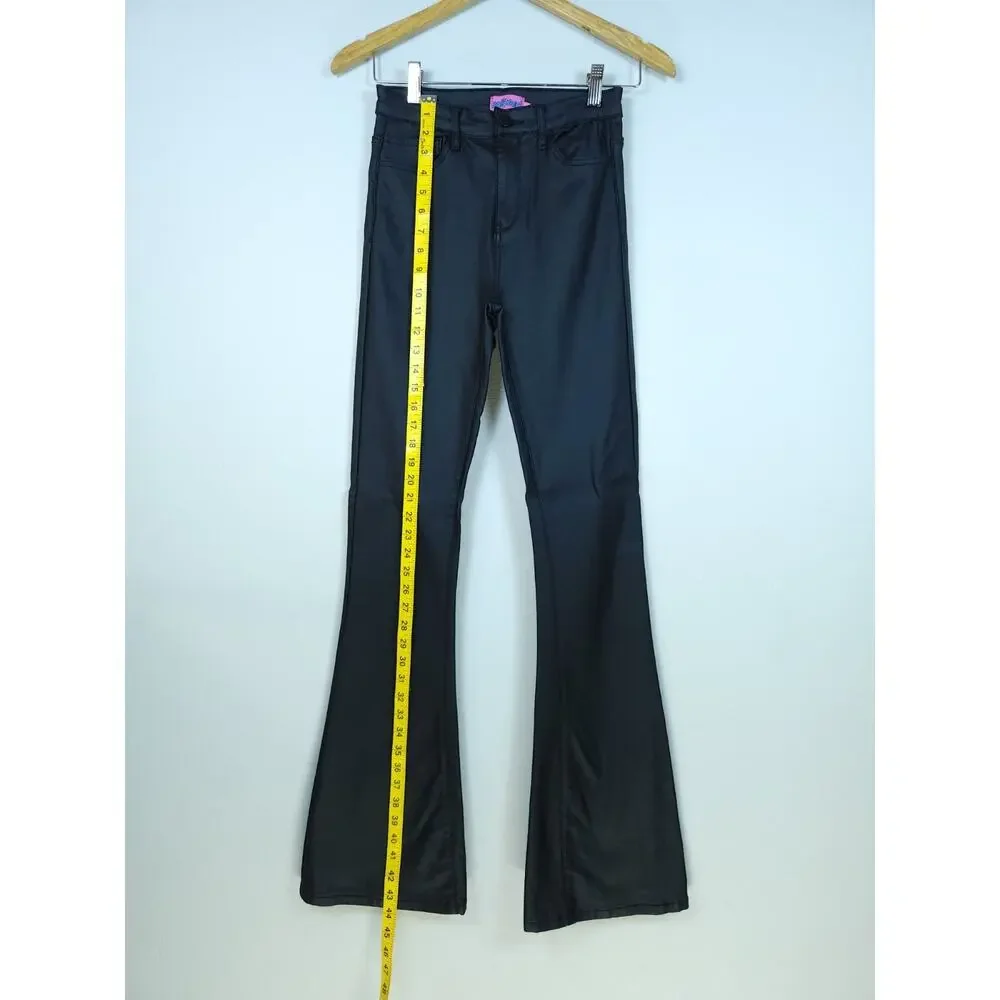 Edikted Medium High-rise Black Coated Faux Leather Flare And Stretchy Pants - Picture 4 of 12